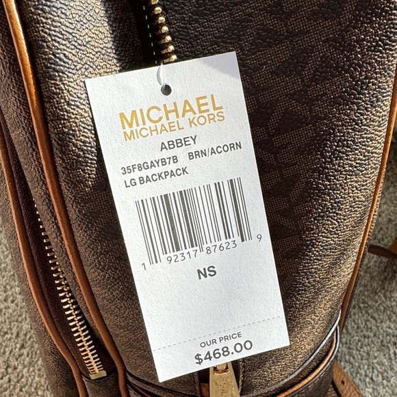 NWT Michael Kors Abbey Signature Brown/Acorn Backpack with Gold Accents (Large) - Picture 2 of 11